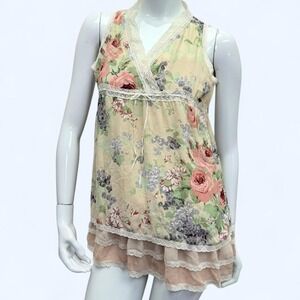 Womens Floral Chiffon Babydoll Dress‎ Sheer Lace Empire Waist M, tiered ruffles